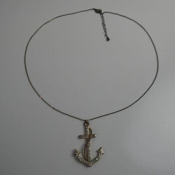 Anchor Rhinestone Sparkly Nautical Marine Gold Tone Pendant Chain Necklace 26" - Picture 2 of 10
